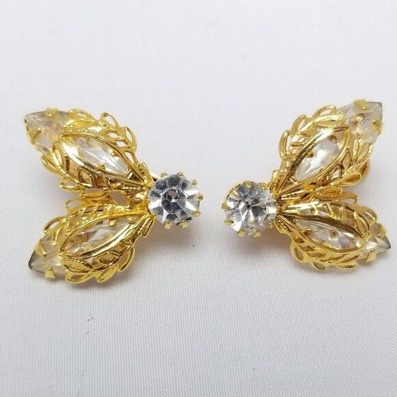 Vintage Vendome Rhinestone Clip On Earrings, Gold Tone Leaf Shape, Estate - Picture 1 of 7